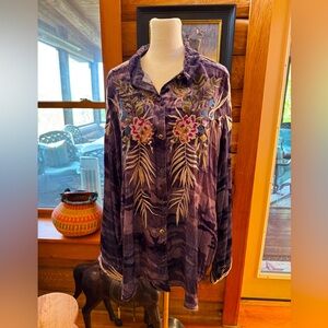 Johnny Was Velvet Button Down Embroidered Shirt